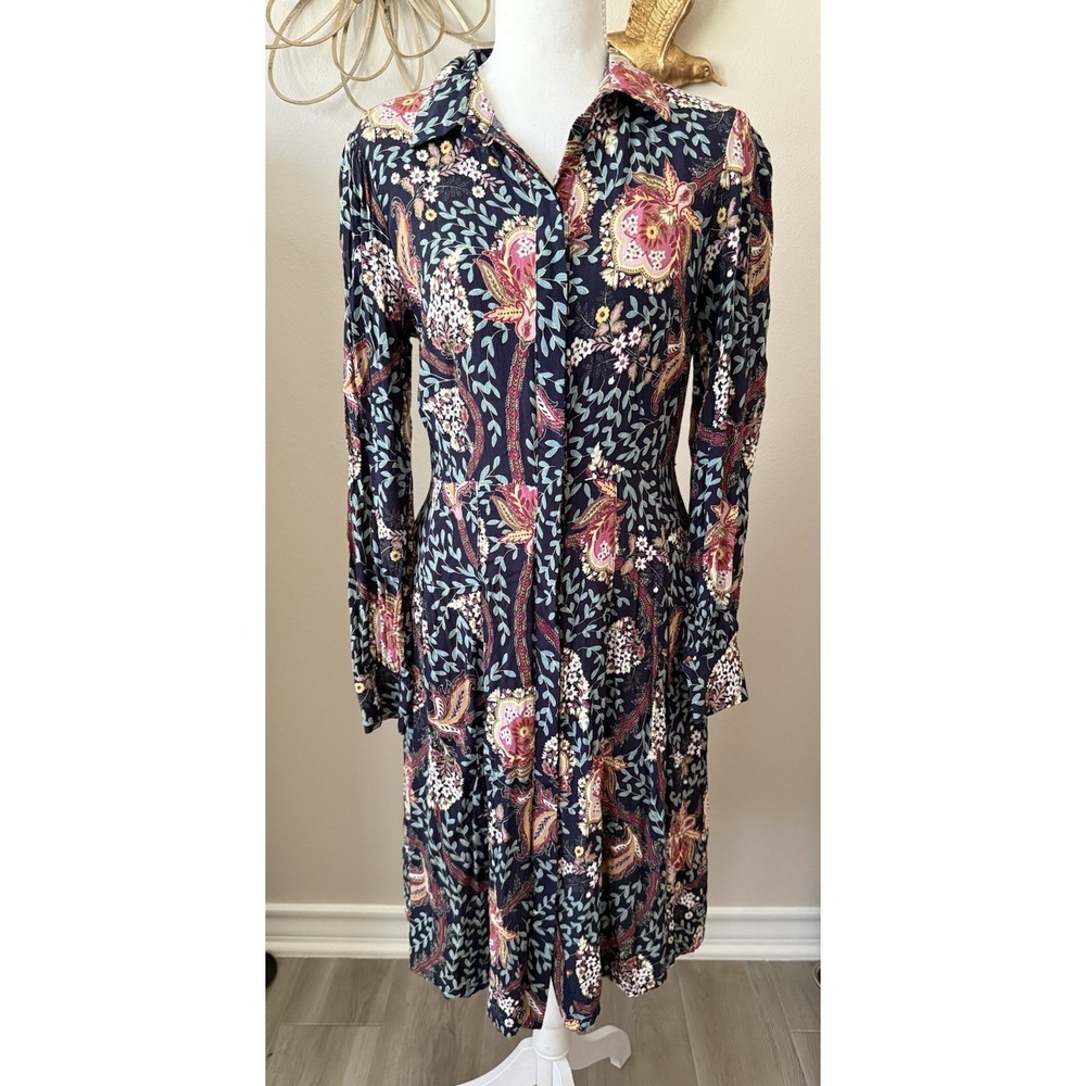 LOFT Floral Shirt Dress Size 4 Navy Pink Button Front Long Sleeve‎ Pockets
